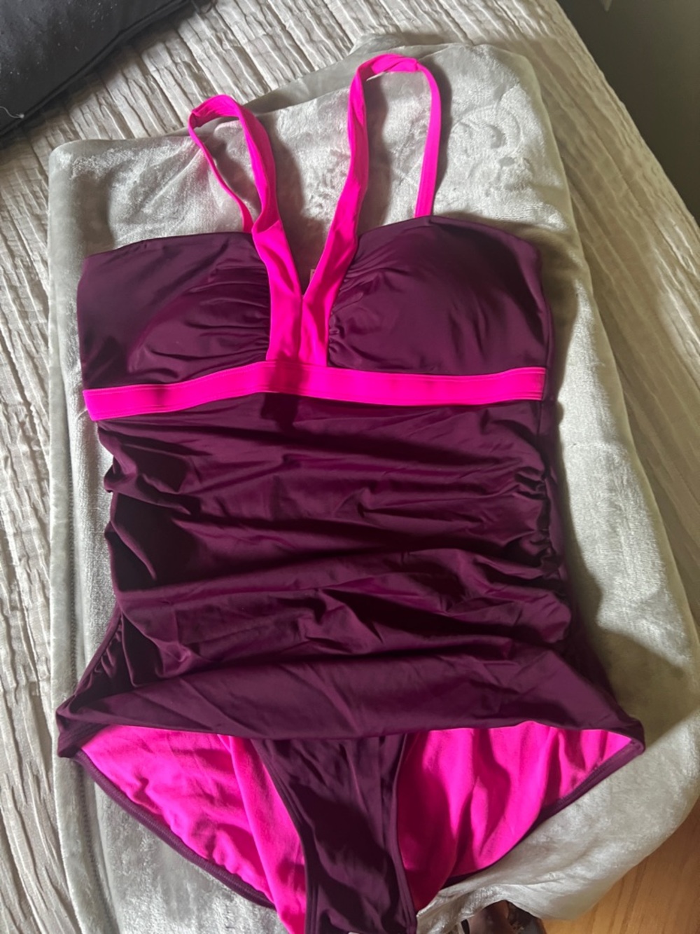 Boden Womens Plum One-Piece Swimsuit with Hot Pink Trim